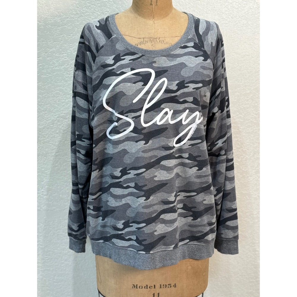 Texas True Threads Womens XL Slay Camo‎ Graphic Sweatshirt Gray Black Pullover